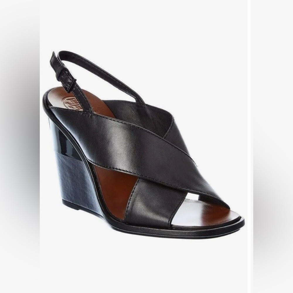 Tory Burch Gabrielle Leather Wedge Sandal, Black Heel Logo, Size 7.5, Never Worn